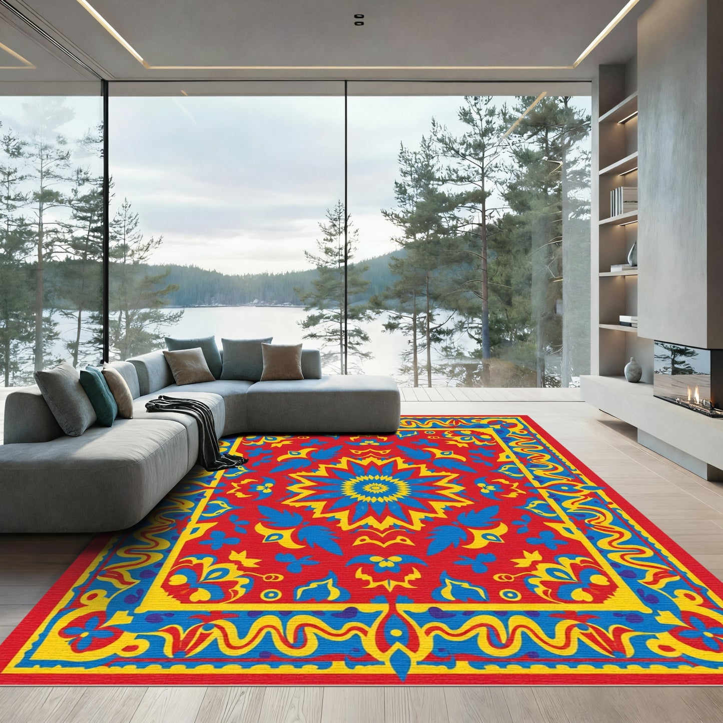 Vibrant Red Blue Yellow Medallion Border Rug