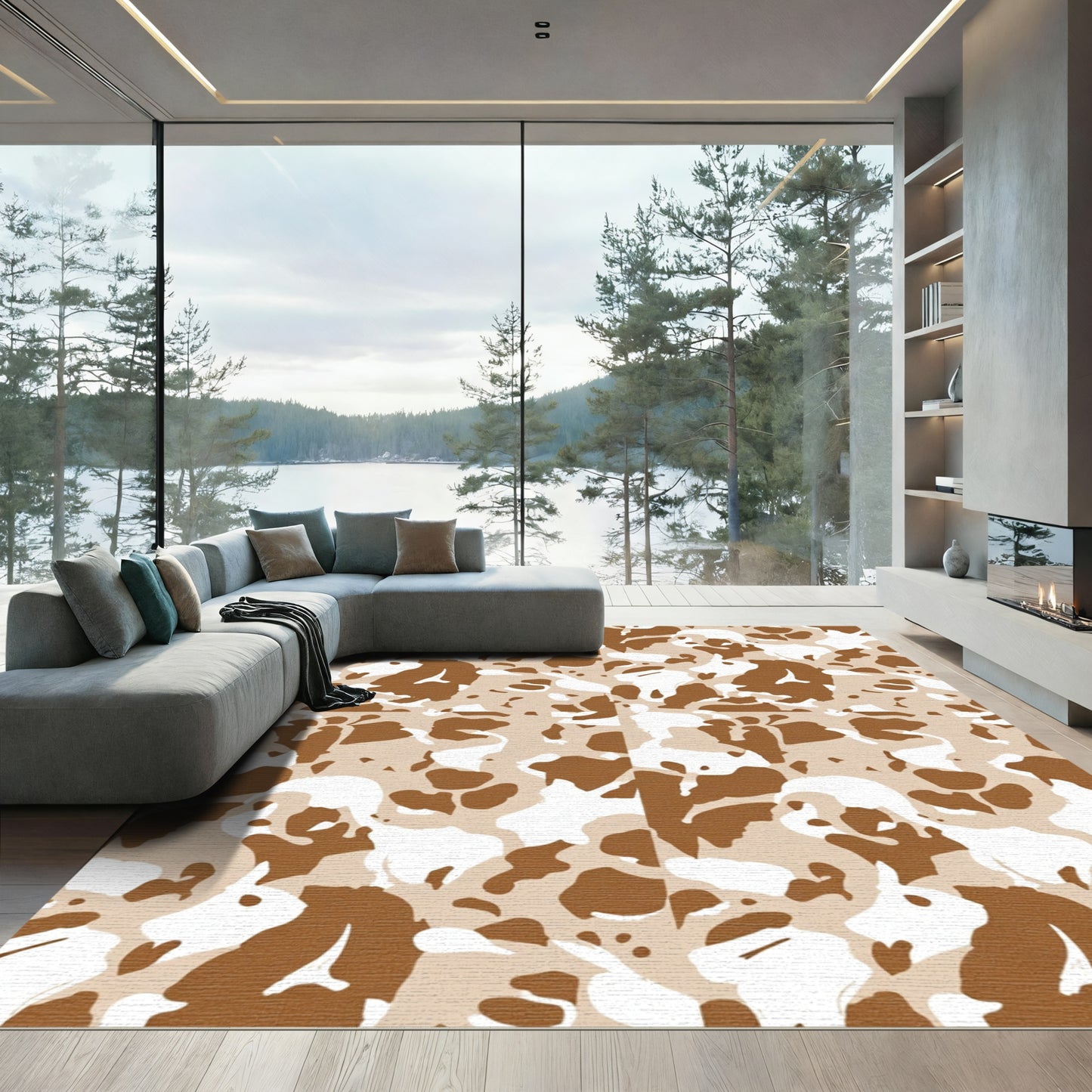 Camouflage Tan White Abstract Shapes Rug