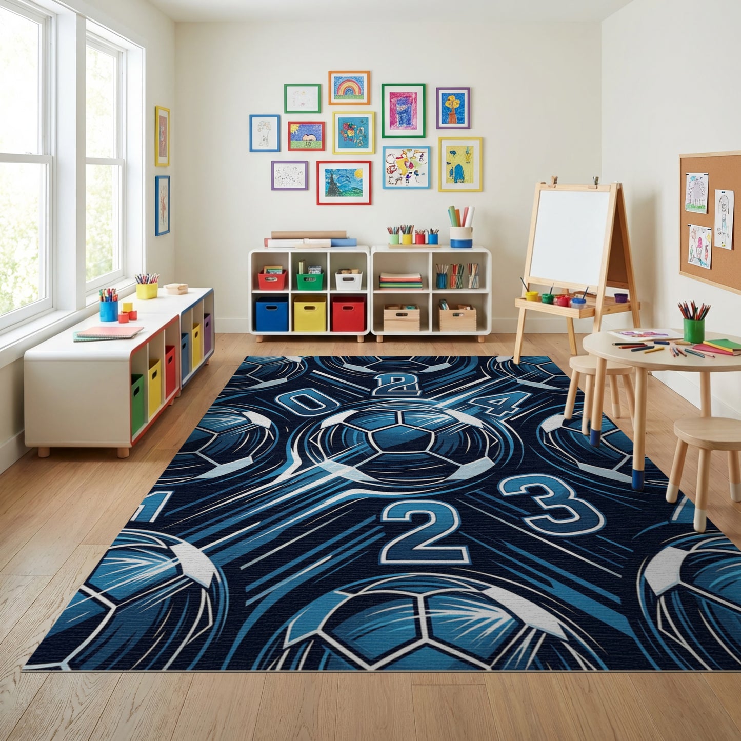 Bold Navy Soccer Balls Numbers Rug