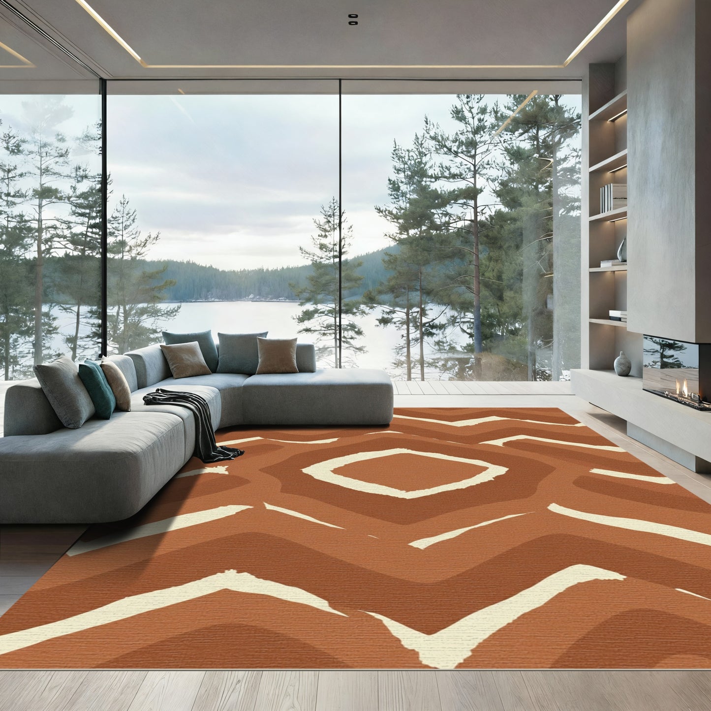 Earthy Brown Wavy Chevron Diamond Rug