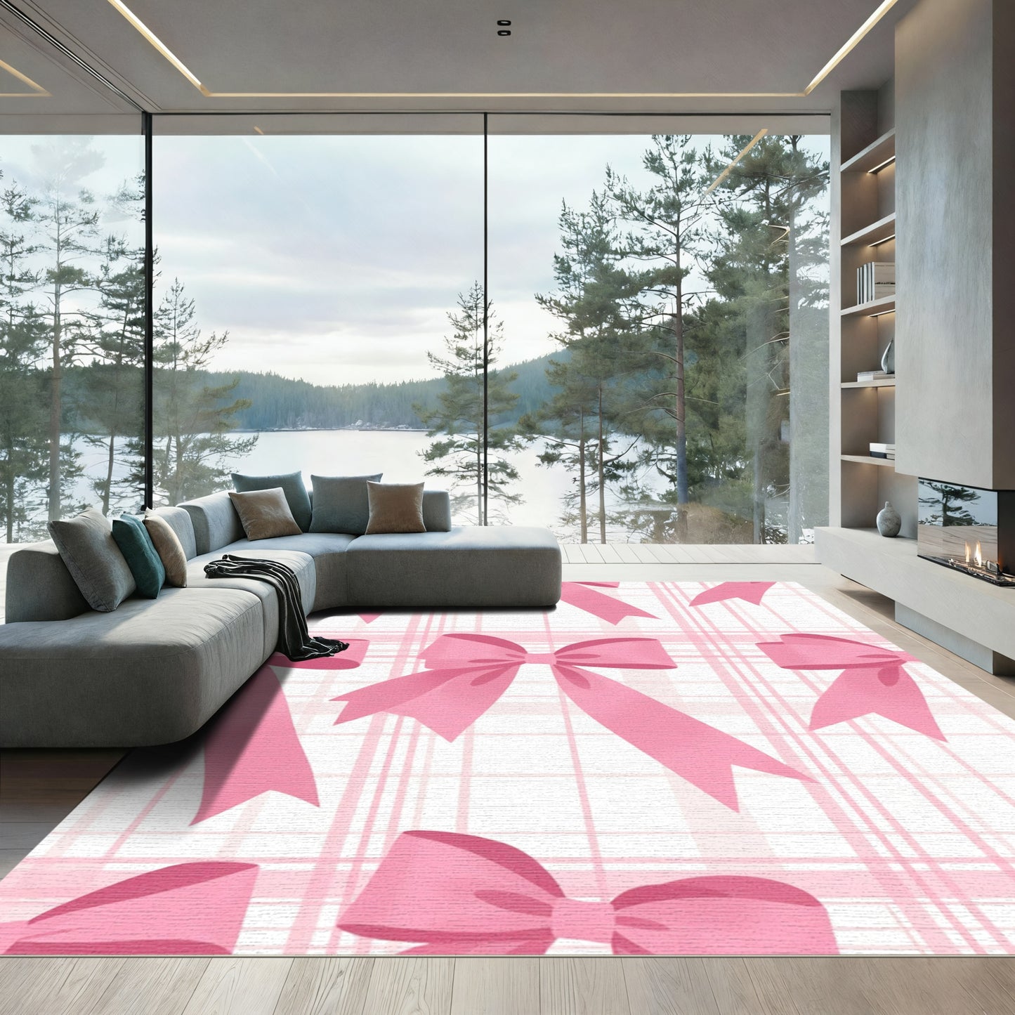 Sweet Pink Bow Plaid Repeat Rug