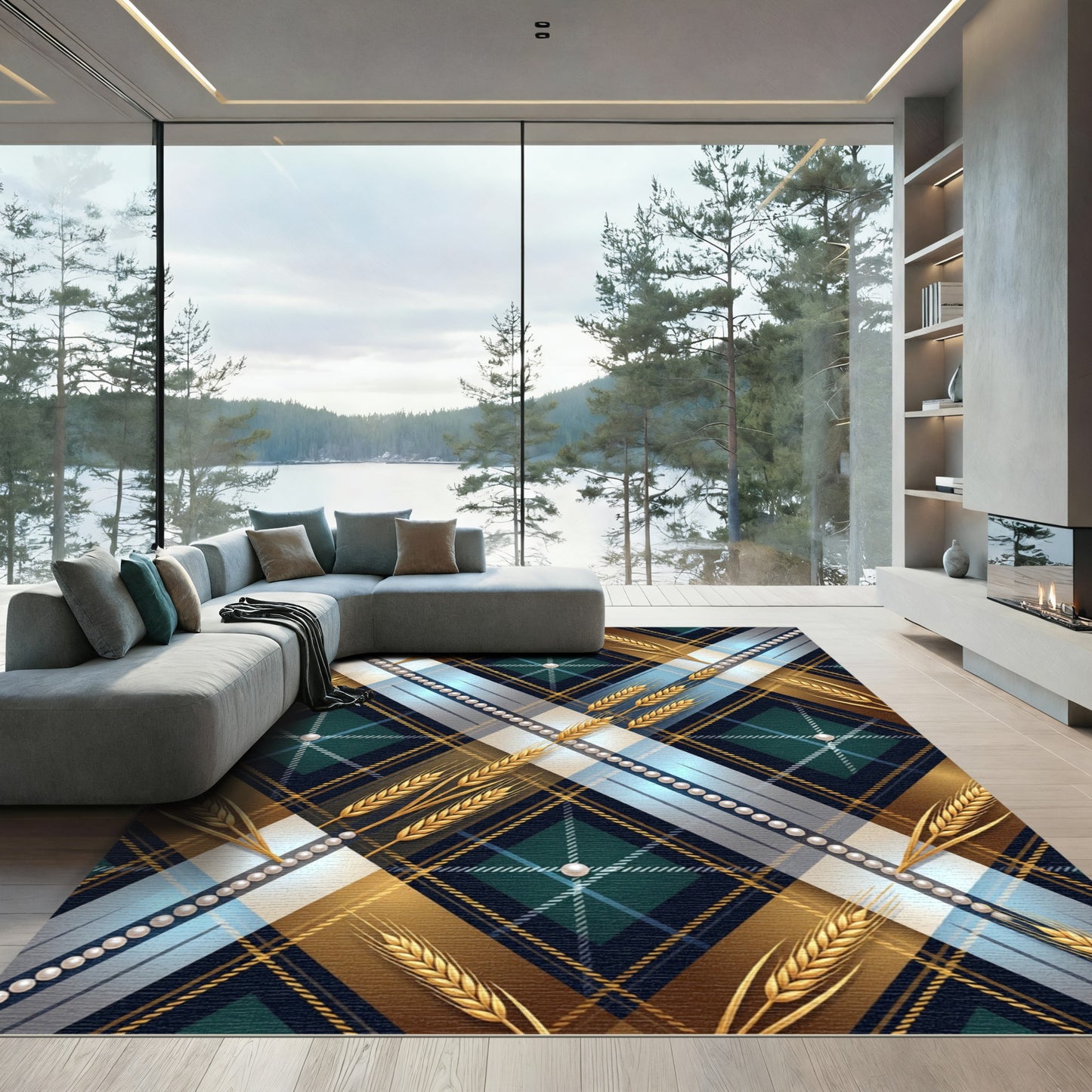 Gold Wheat Blue Plaid Pearl Border Rug