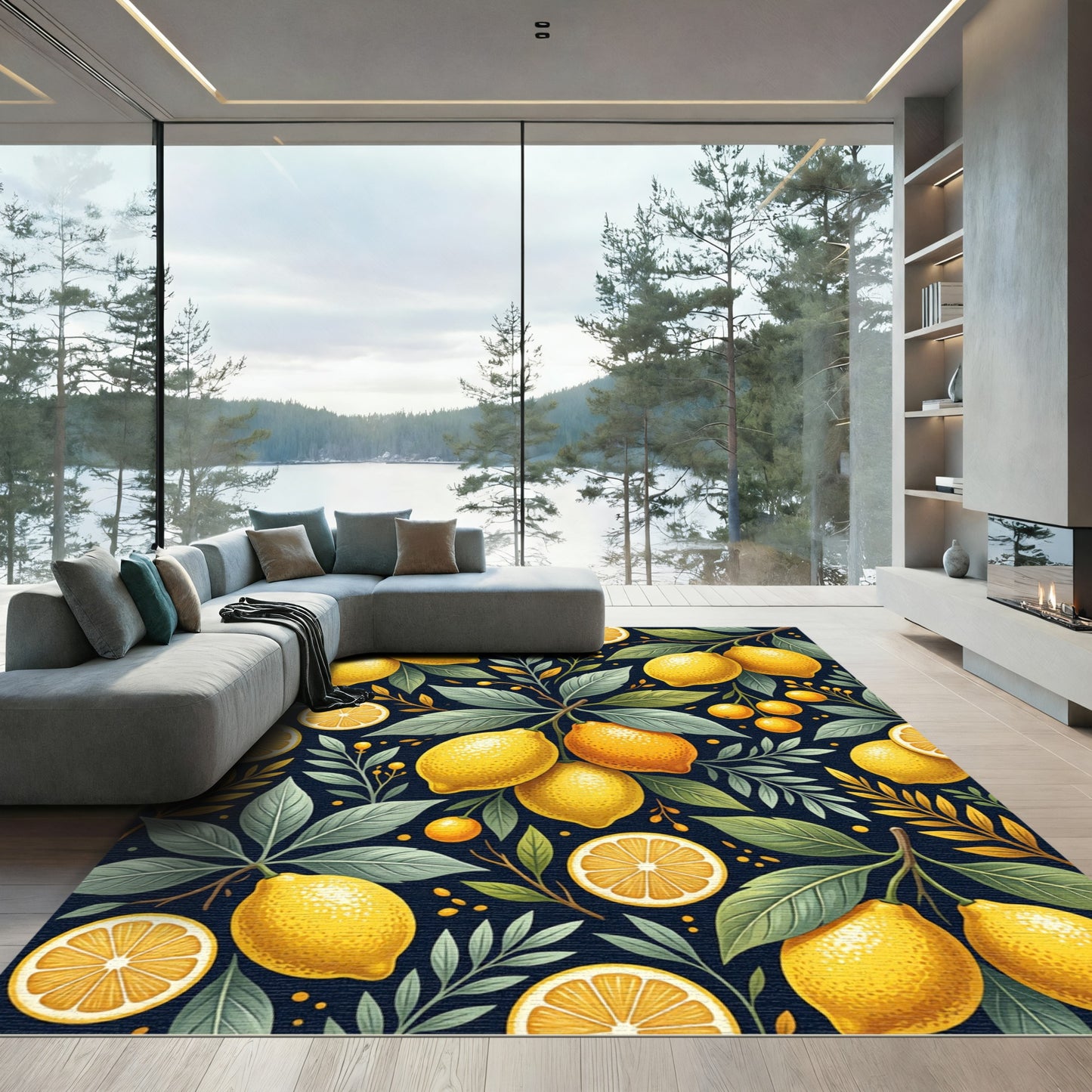 Vibrant Lemon Branch Botanical Navy Background Rug