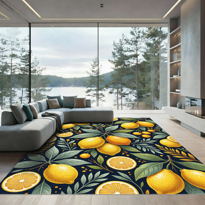Vibrant Lemon Branch Botanical Navy Background Rug