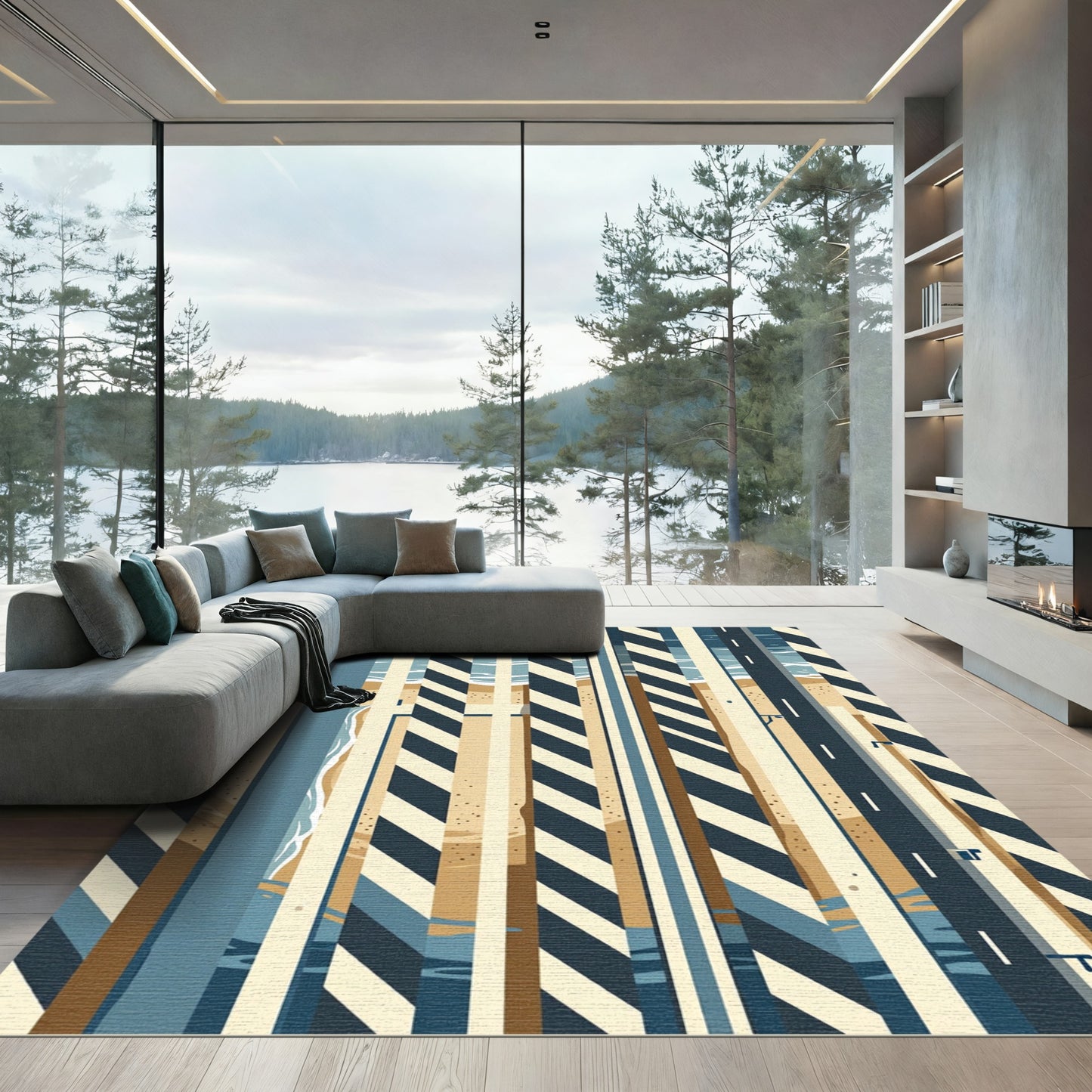 Abstract Coastal Stripe Geometric Sand Blue Rug