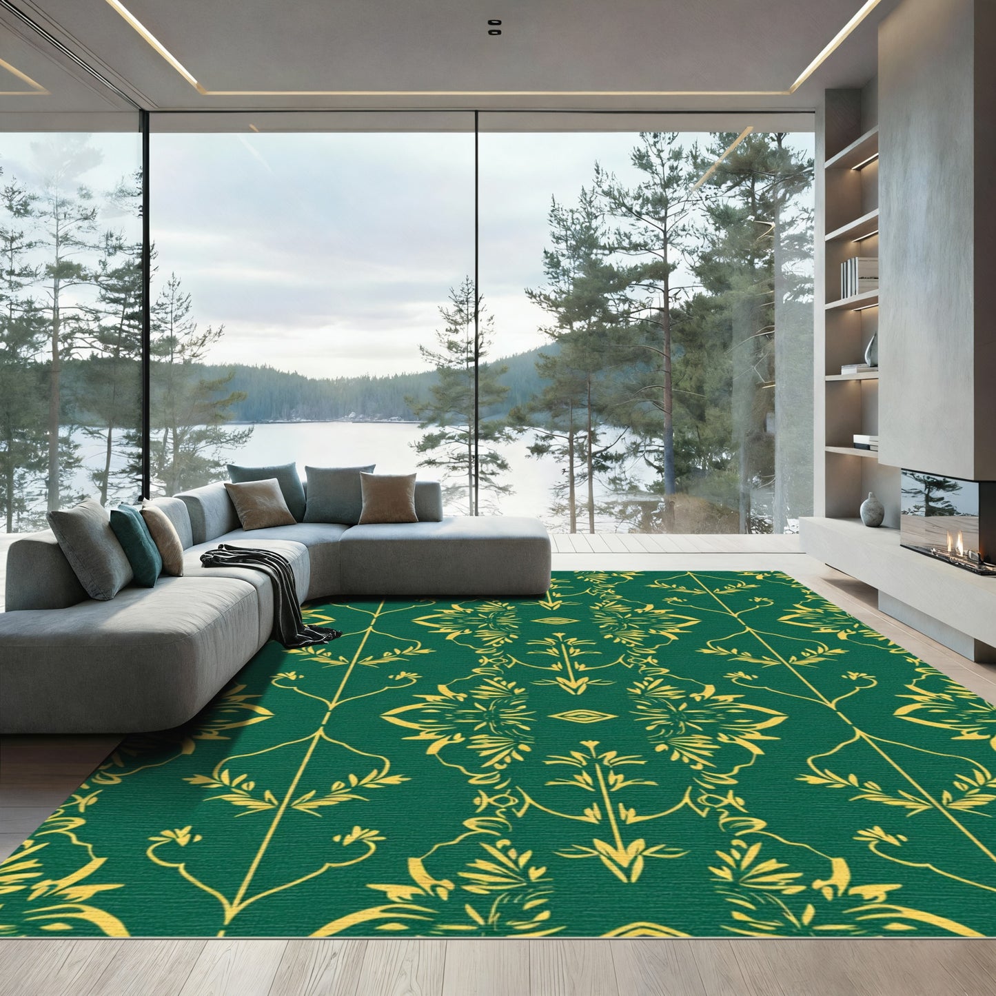 Emerald Golden Floral Damask Rug