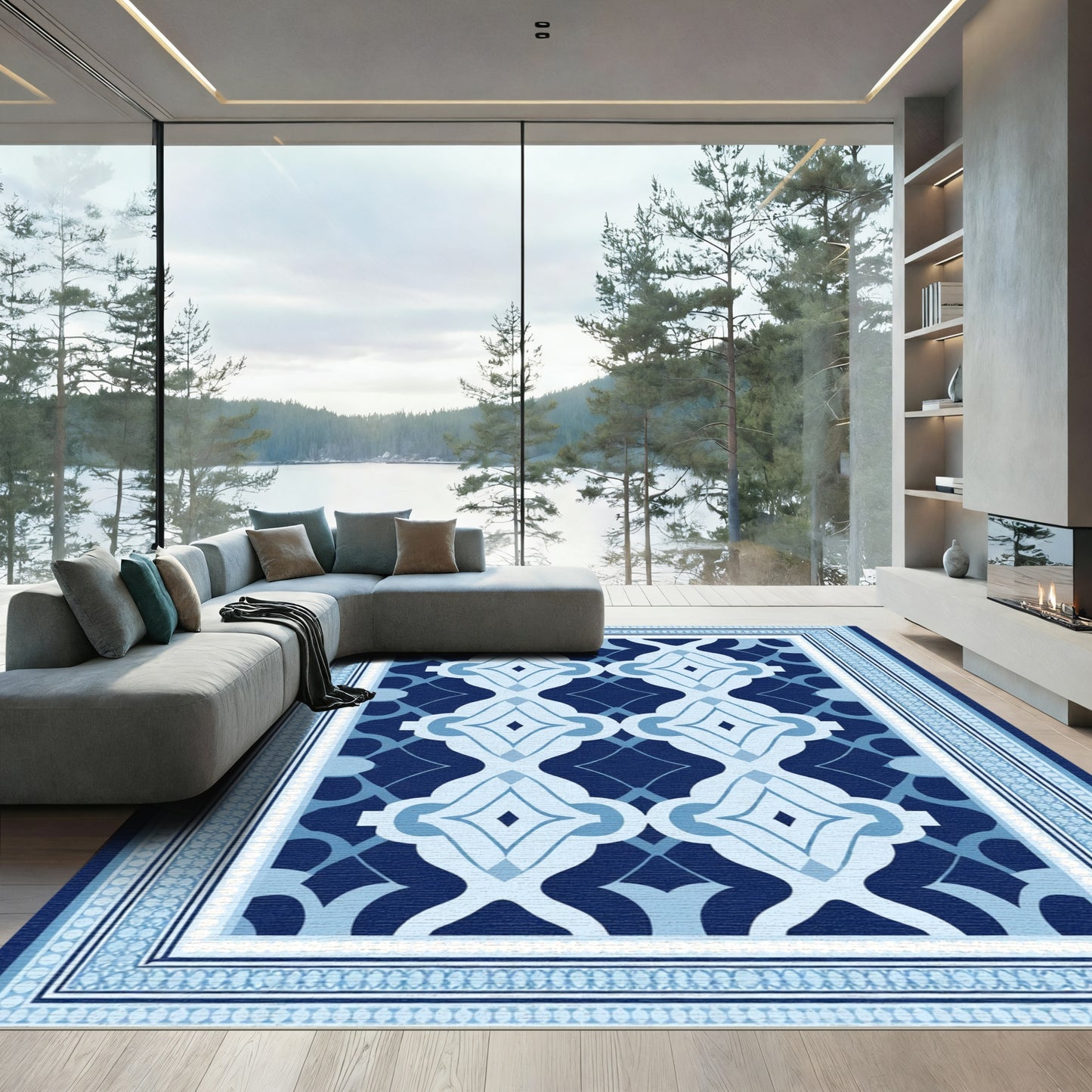 Dark Blue Lattice Medallion Border Rug