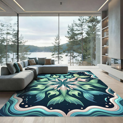 Aquatic Mermaid Fin Mandala Teal Area Rug