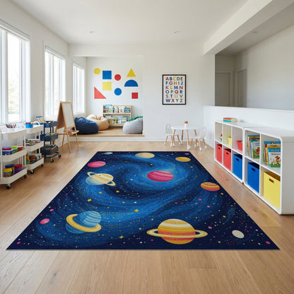 Vibrant Cosmic Swirl Planets Rug