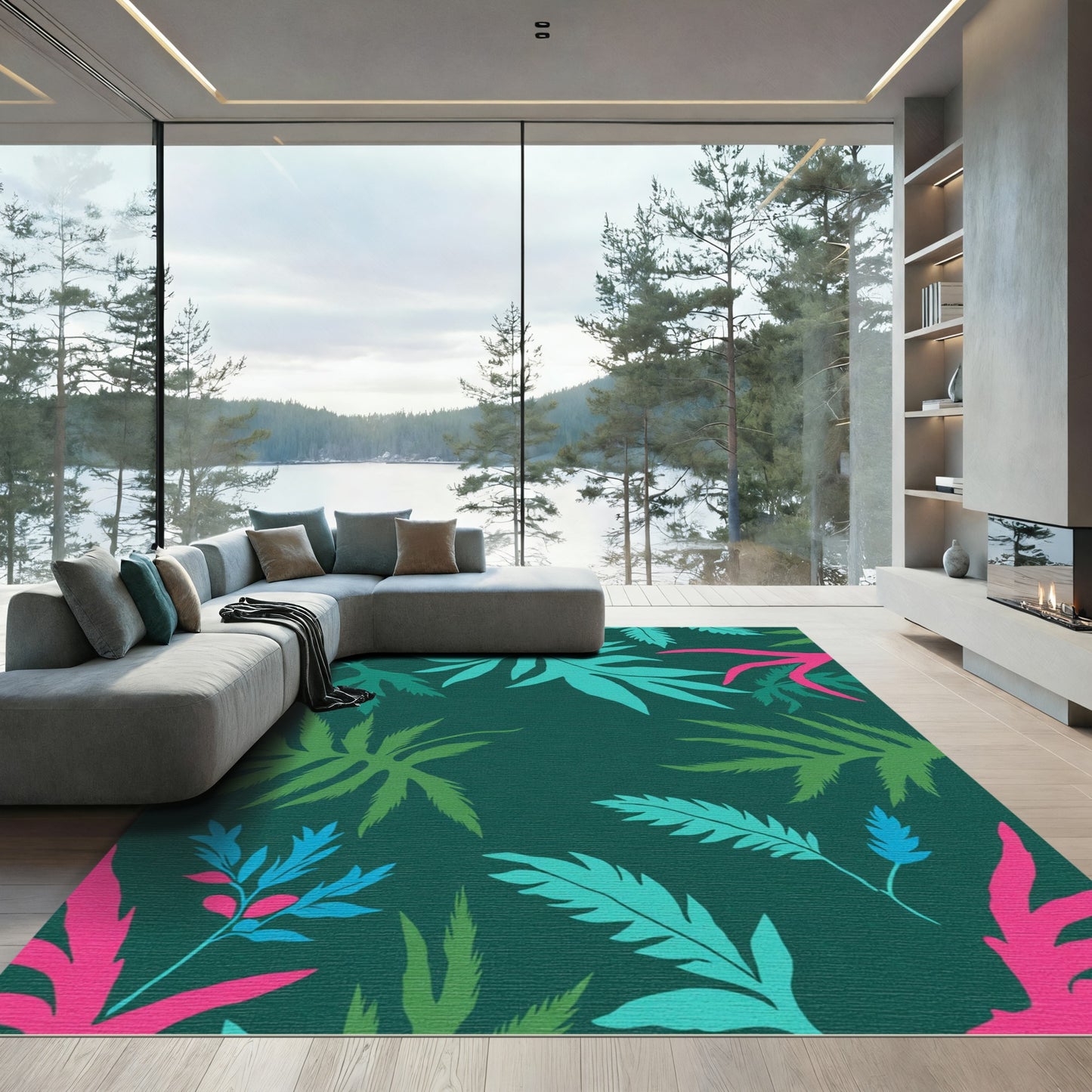 Vibrant Teal Pink Leafy Garden Rug