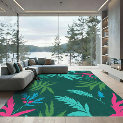 Vibrant Teal Pink Leafy Garden Rug