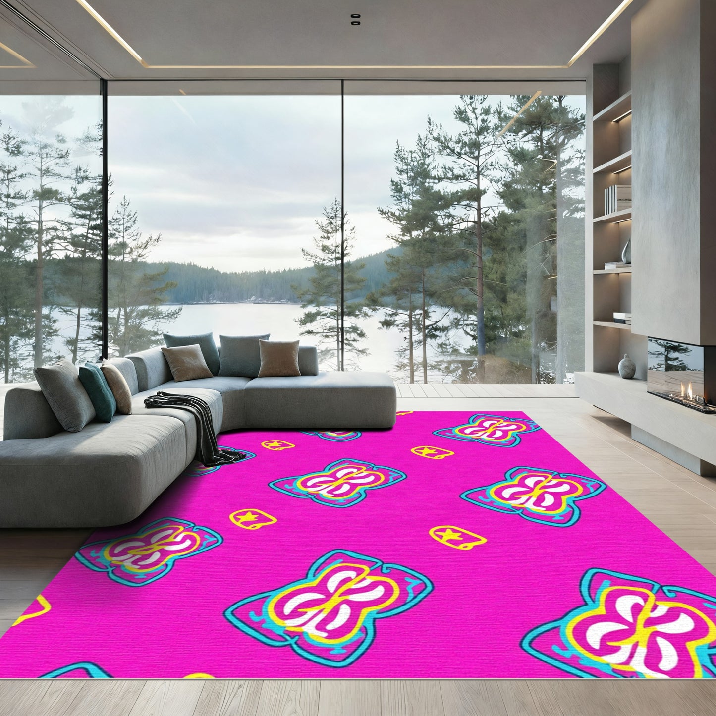Bright Pink Floral Abstract Swirl Rug
