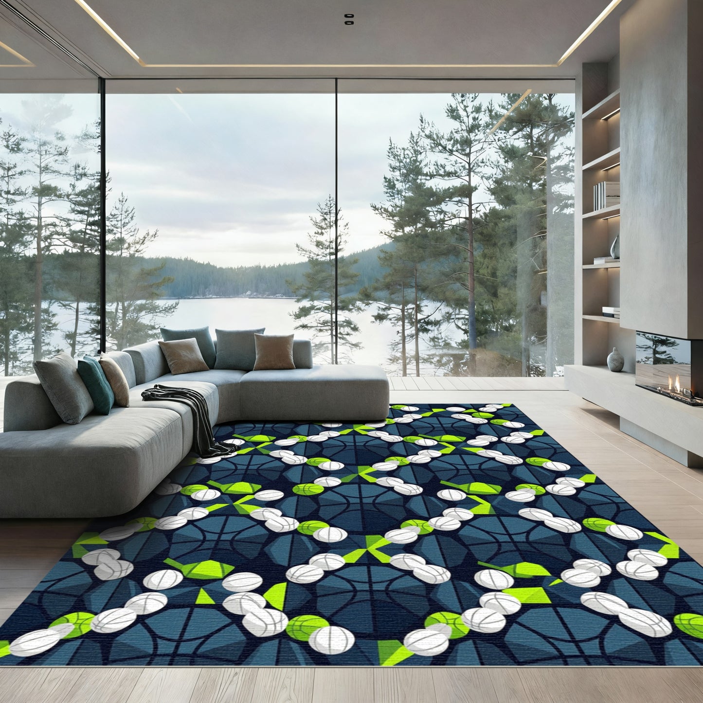 Geometric Blue Basketball Court Graphic Rug