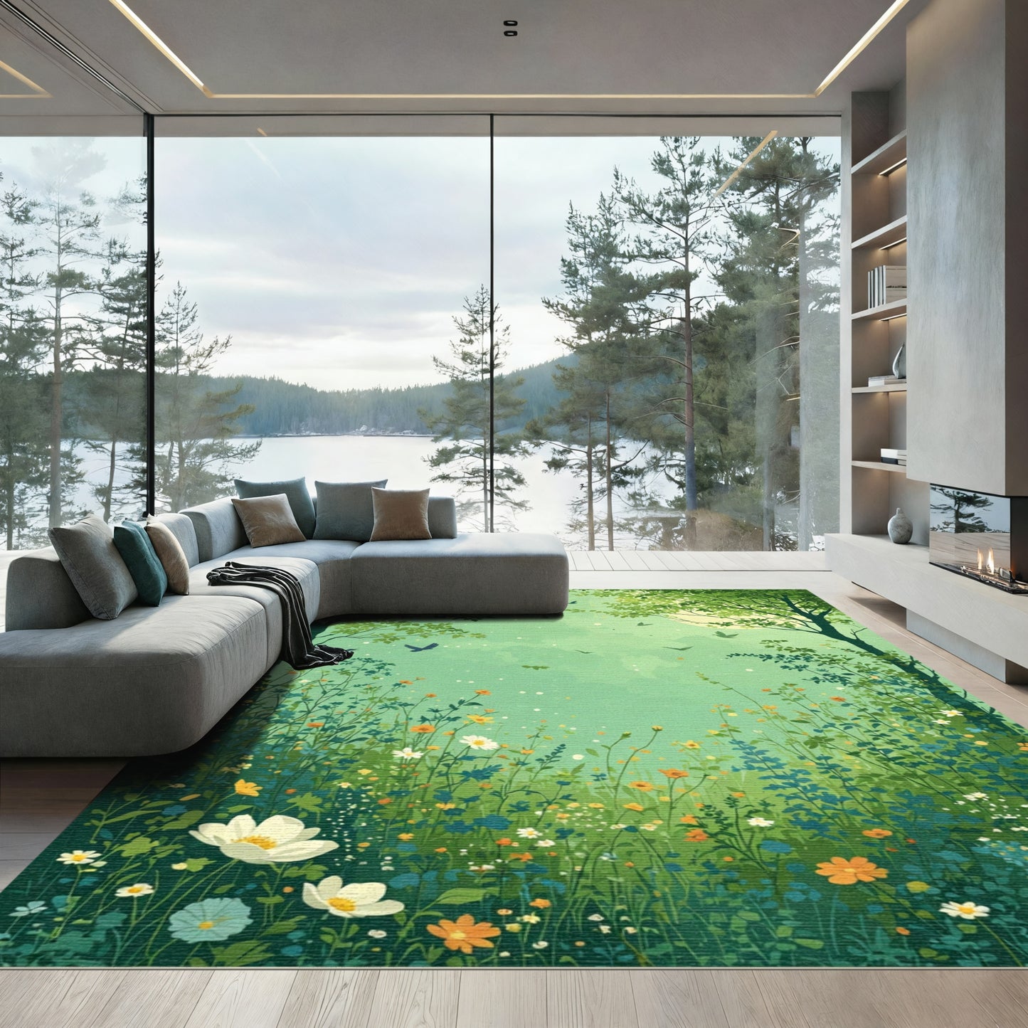 Whimsical Green Meadow Birds Foliage Rug