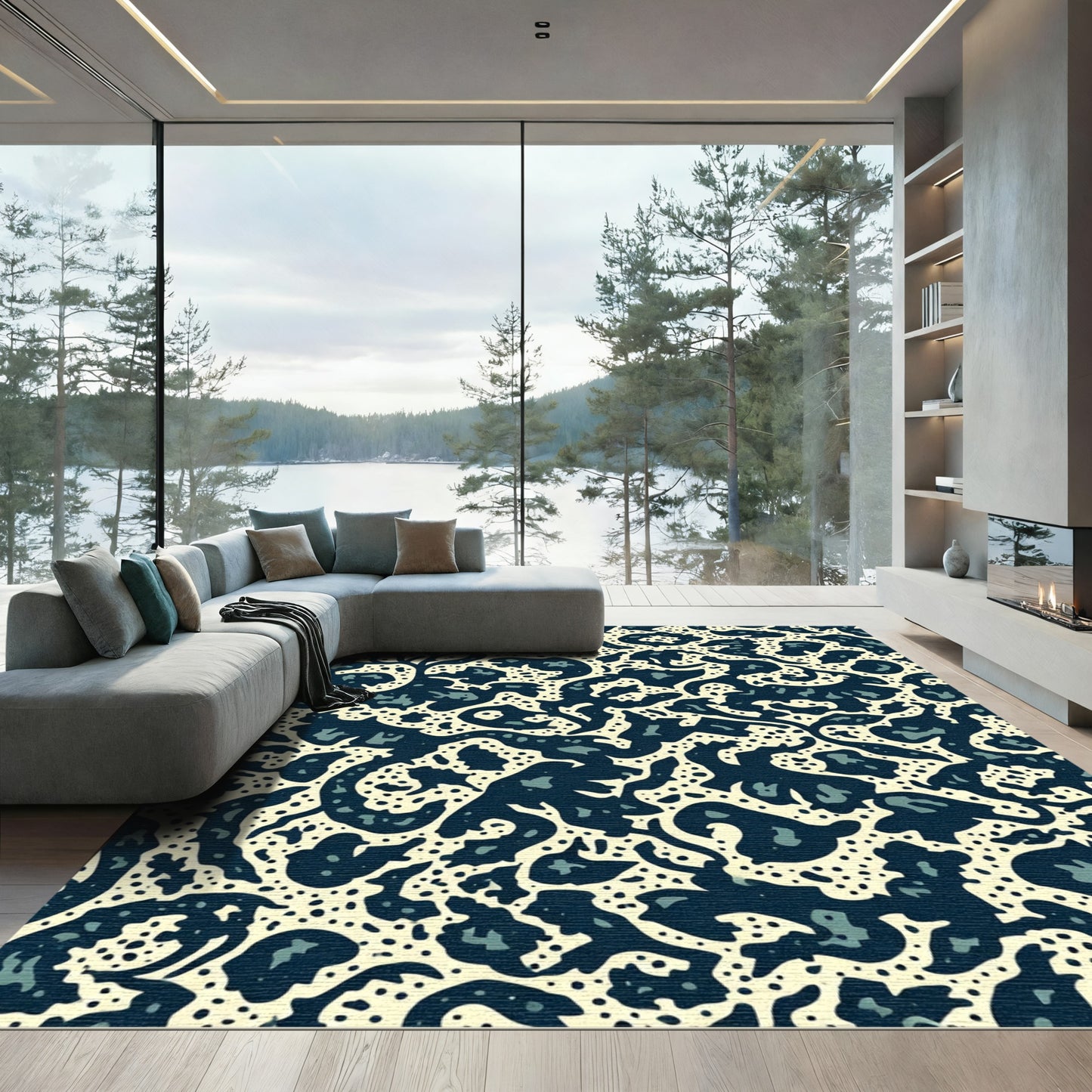 Navy Beige Organic Abstract Collage Rug
