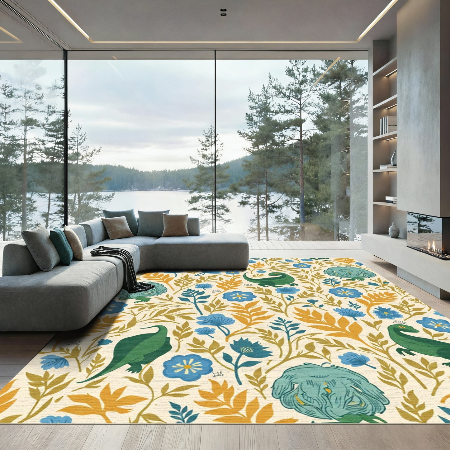 Green Dinosaurs Blue Floral Botanical Rug