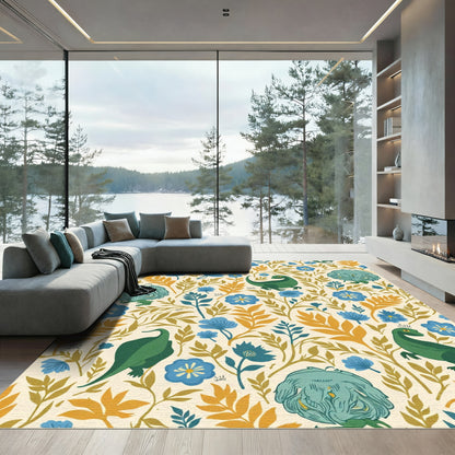 Green Dinosaurs Blue Floral Botanical Rug