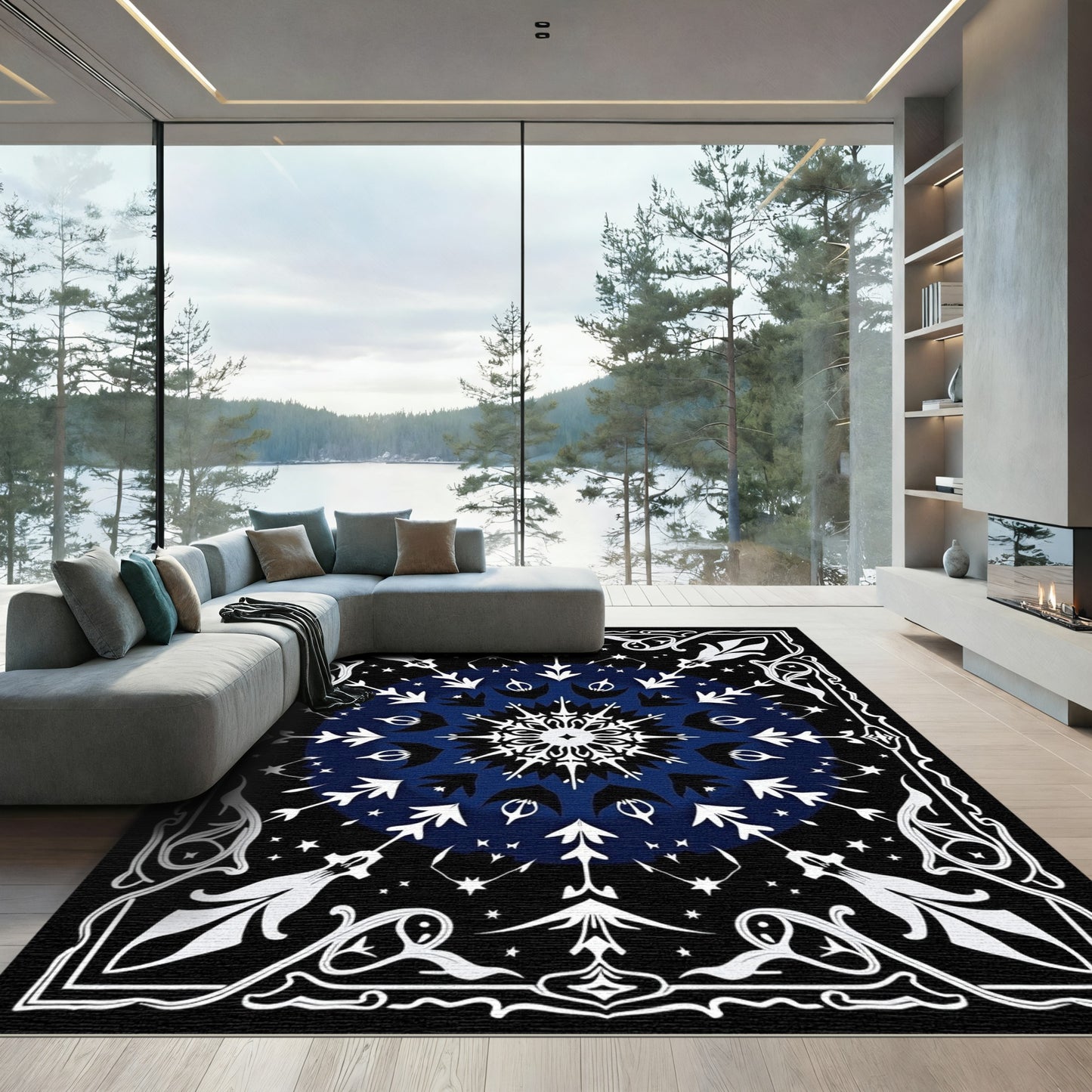 Deep Blue Celestial Starburst Medallion Rug
