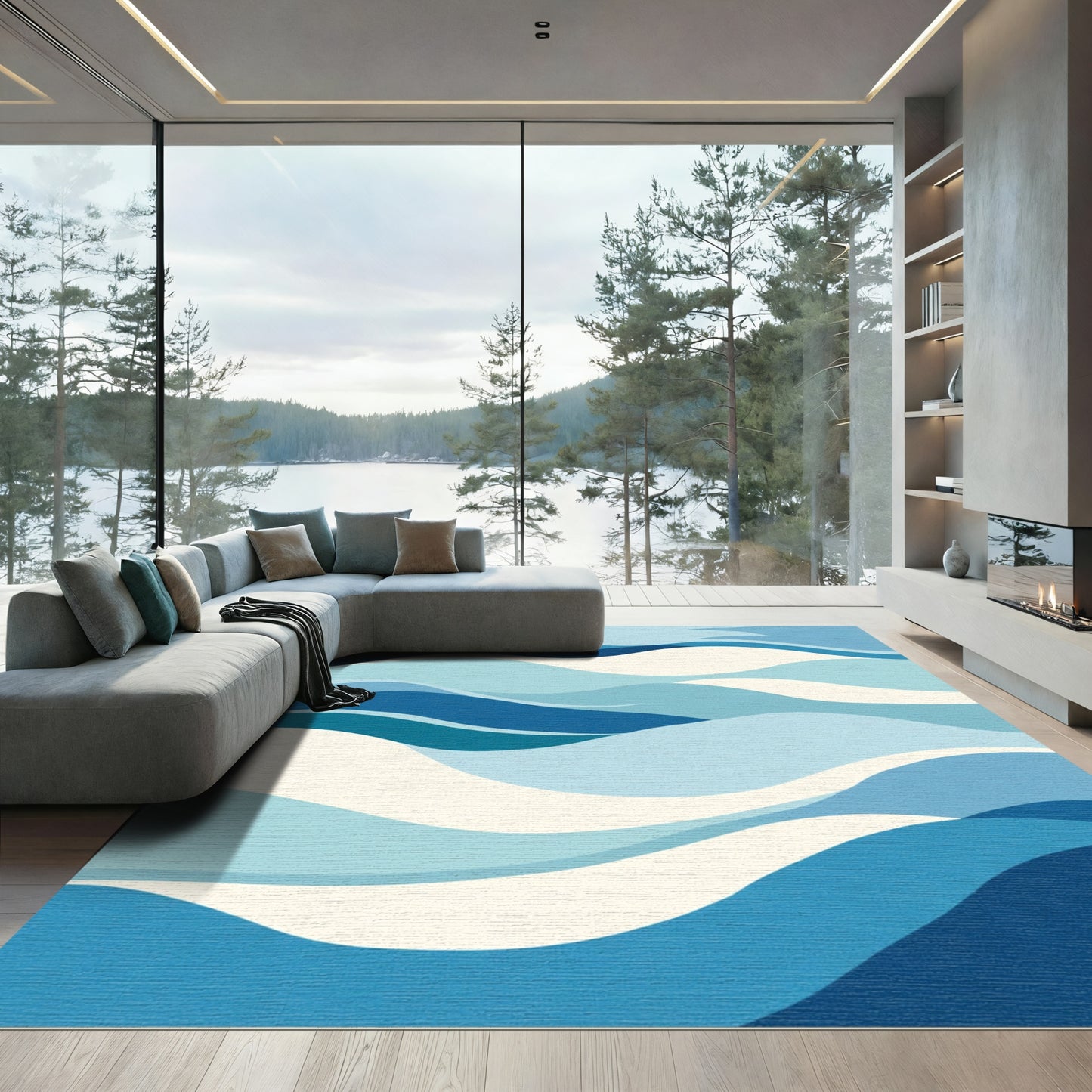 Oceanic Waves In Blue And Cream Rug