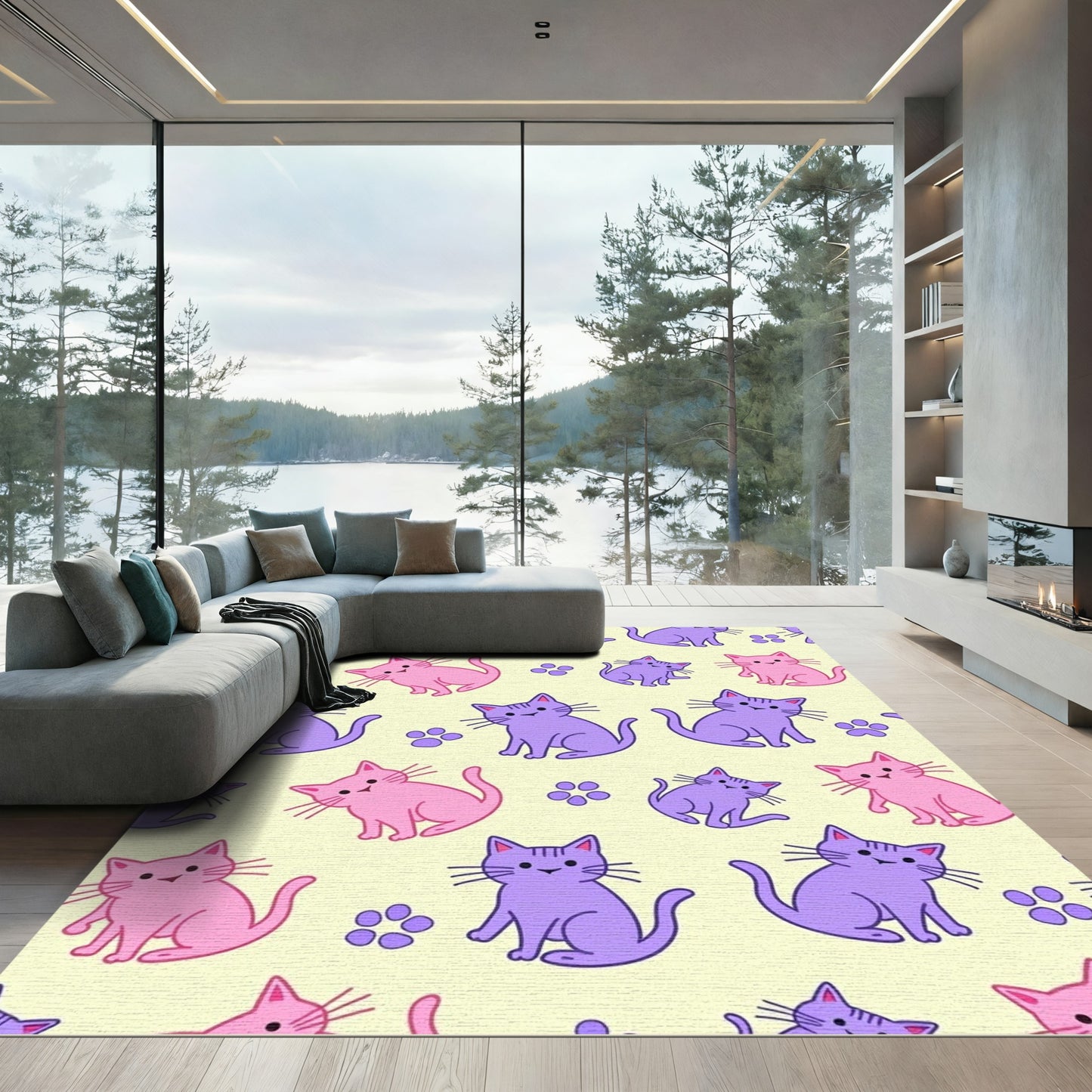 Cute Pink Purple Cat Paw Pattern Rug