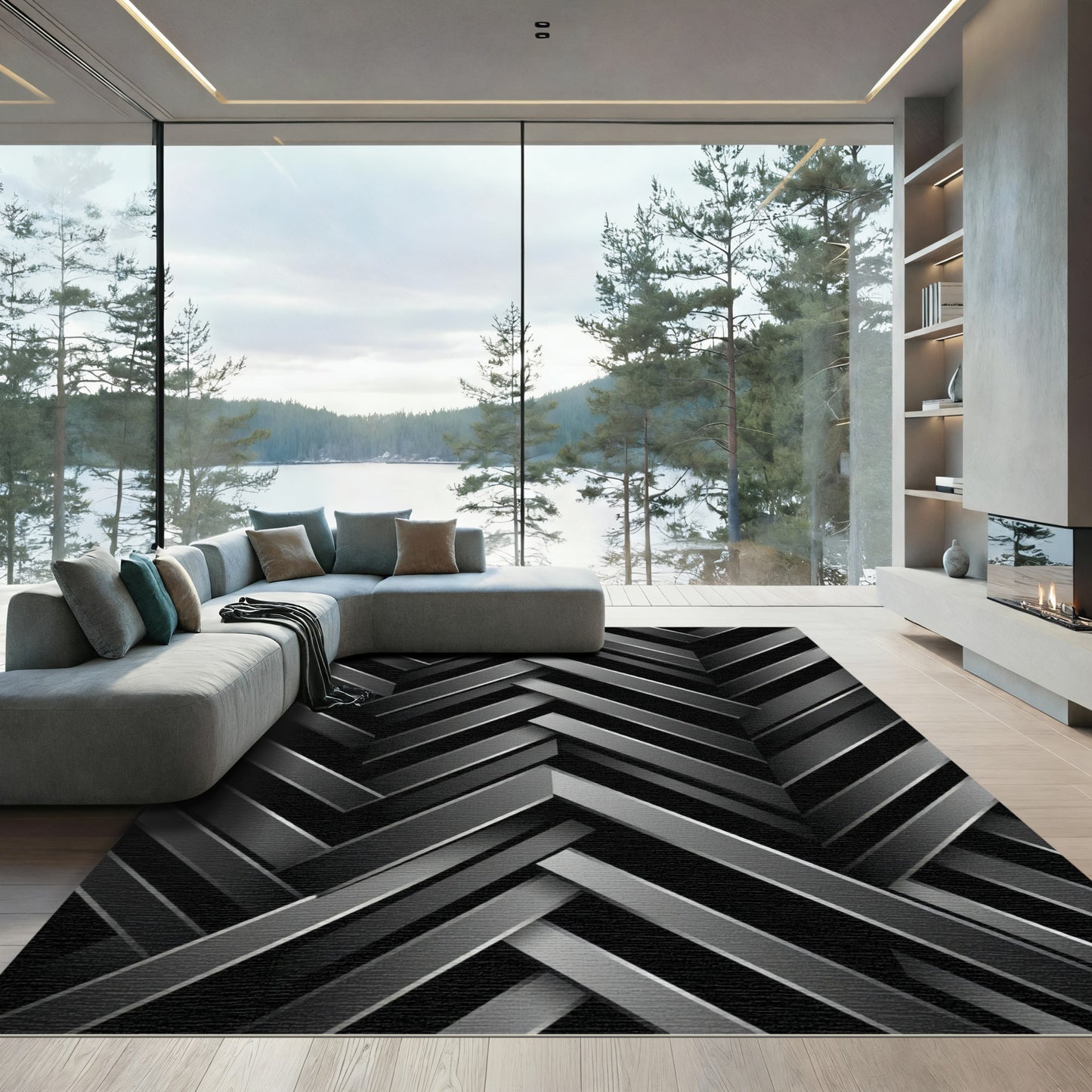 Monochrome Herringbone Interlocking Strips Rug