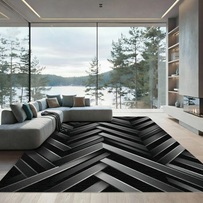 Monochrome Herringbone Interlocking Strips Rug