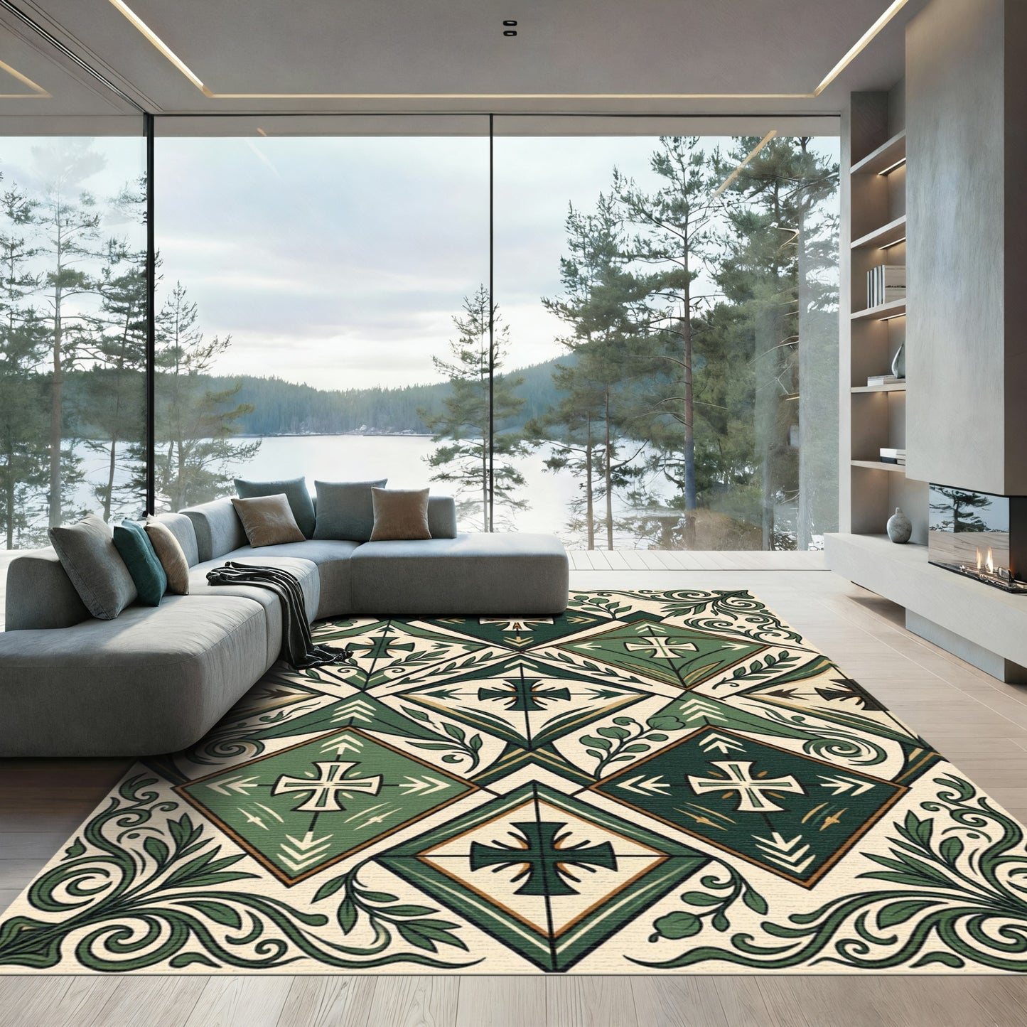 Forest Green Cross Diamond Botanical Rug
