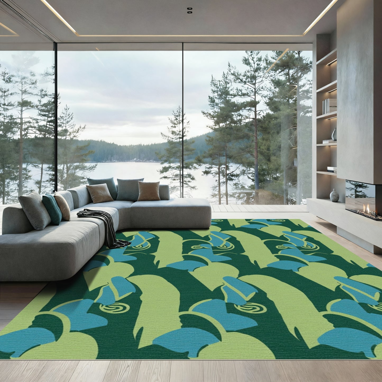 Emerald Teal Swirl Scroll Composition Rug