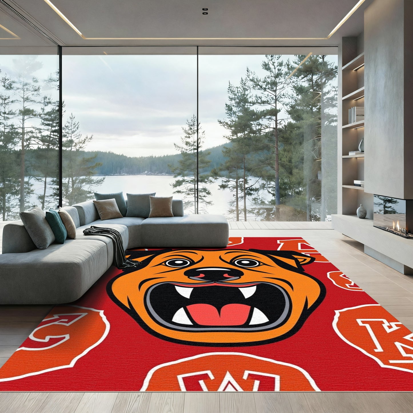Bold Orange Dog Red Emblem Rug