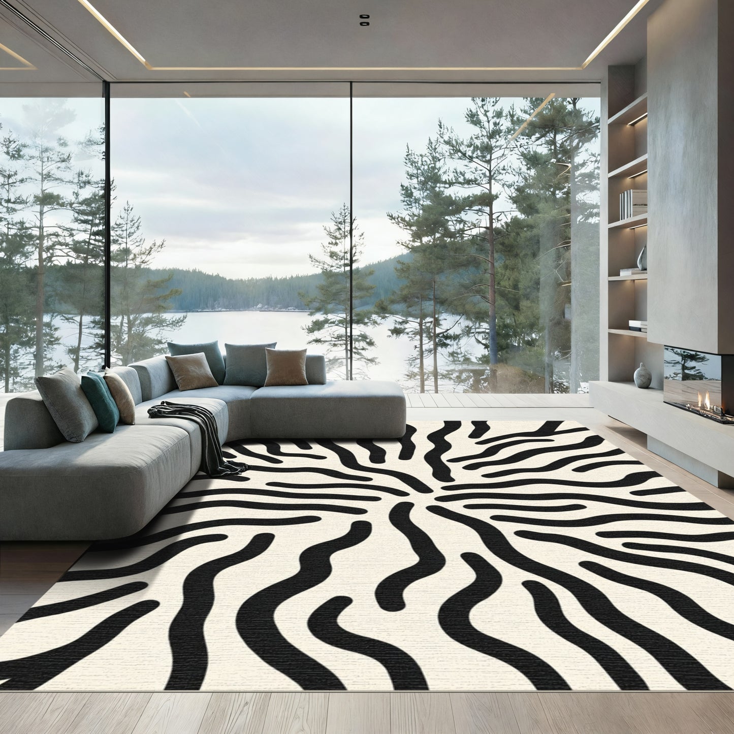 Black White Swirl Organic Waves Rug