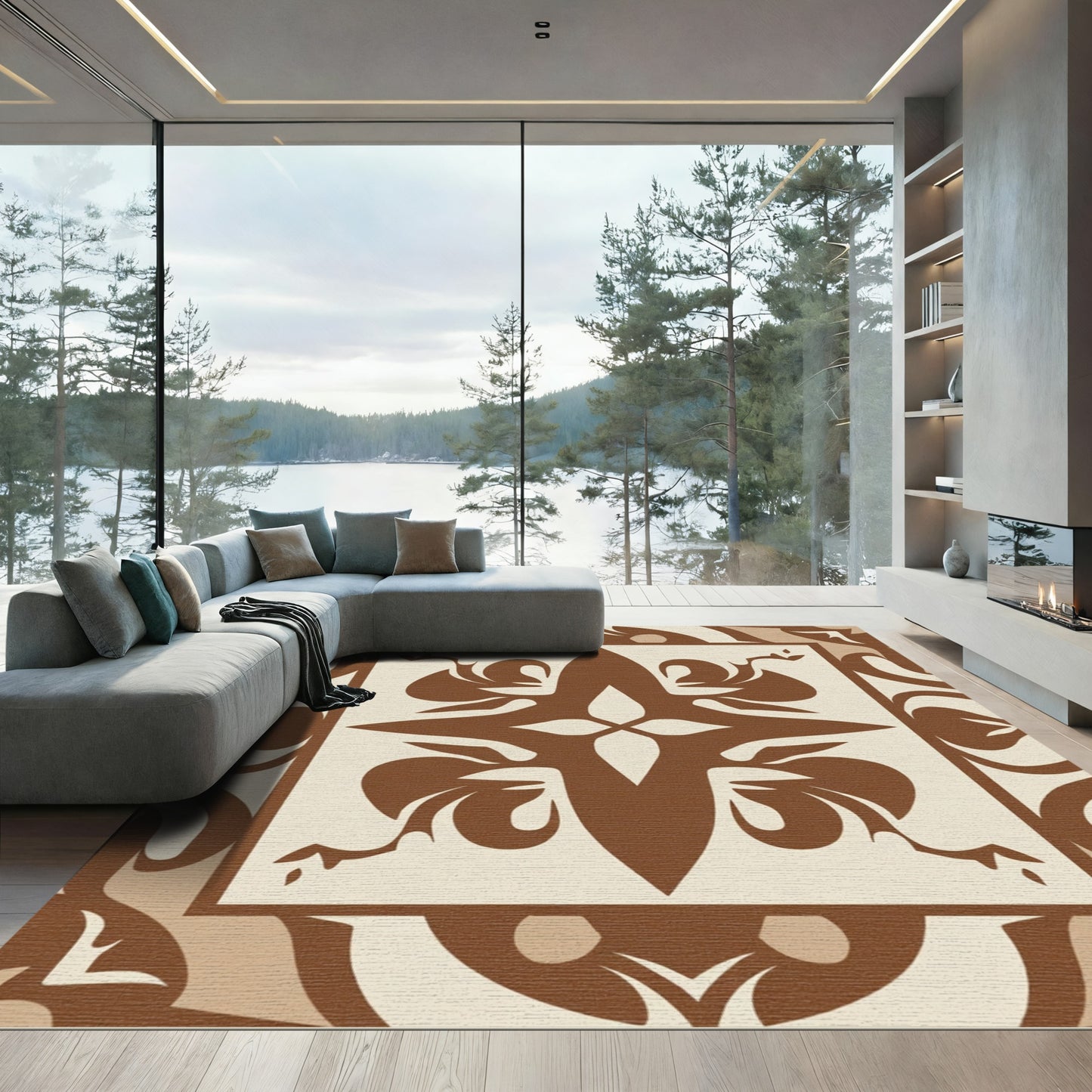 Chic Brown Cream Abstract Floral Medallion Rug