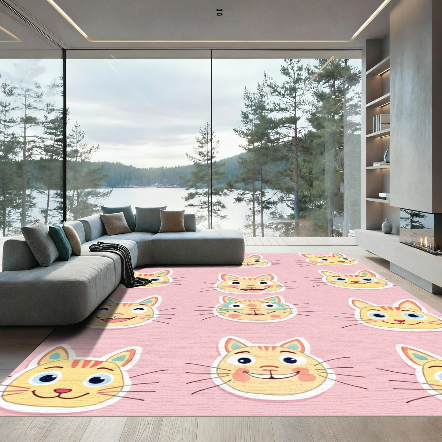 Playful Yellow Cat Faces Collage Rug