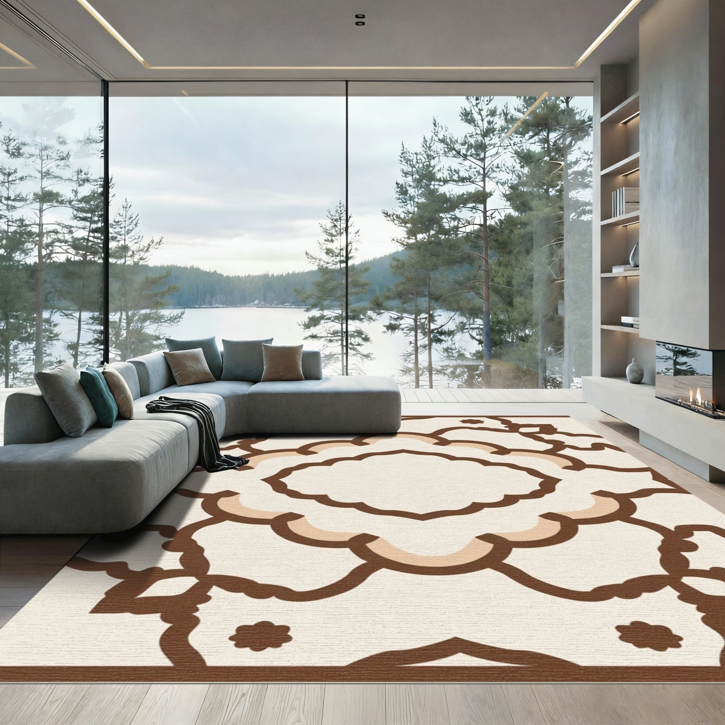Cream and Brown Abstract Scalloped Geometric Rug