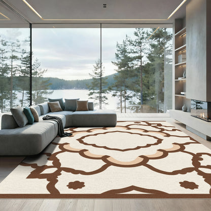 Cream and Brown Abstract Scalloped Geometric Rug