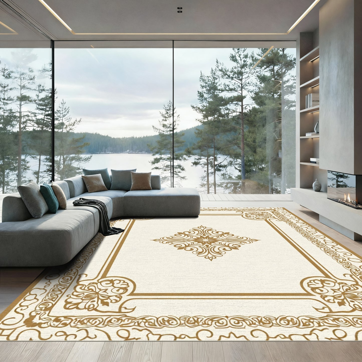 Ornate Golden Floral Corner Medallion Rug