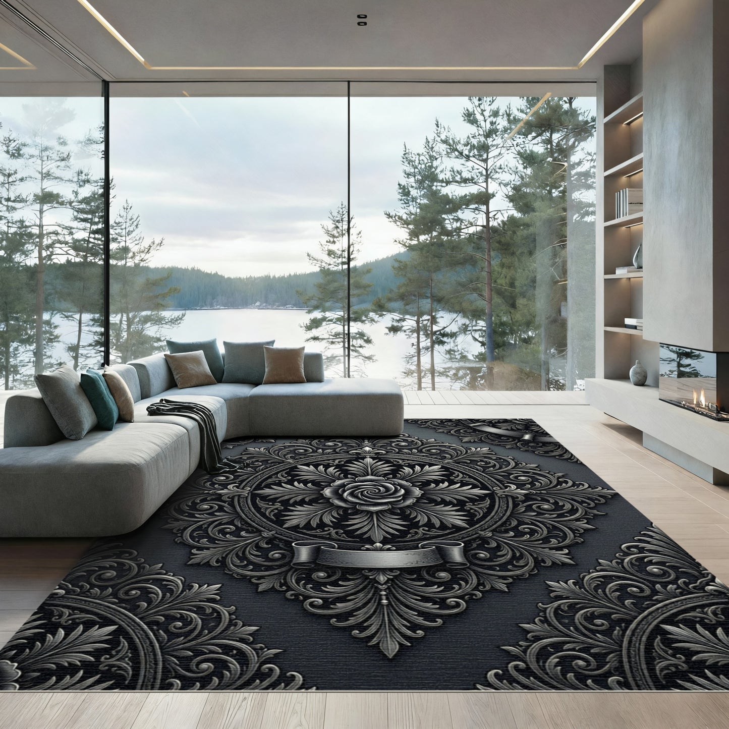 Ornate Silver Fleur-de-lis Rose Rug