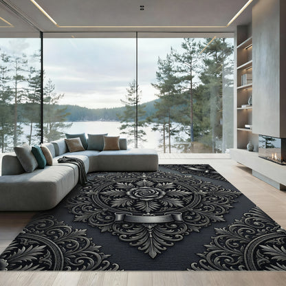 Ornate Silver Fleur-de-lis Rose Rug