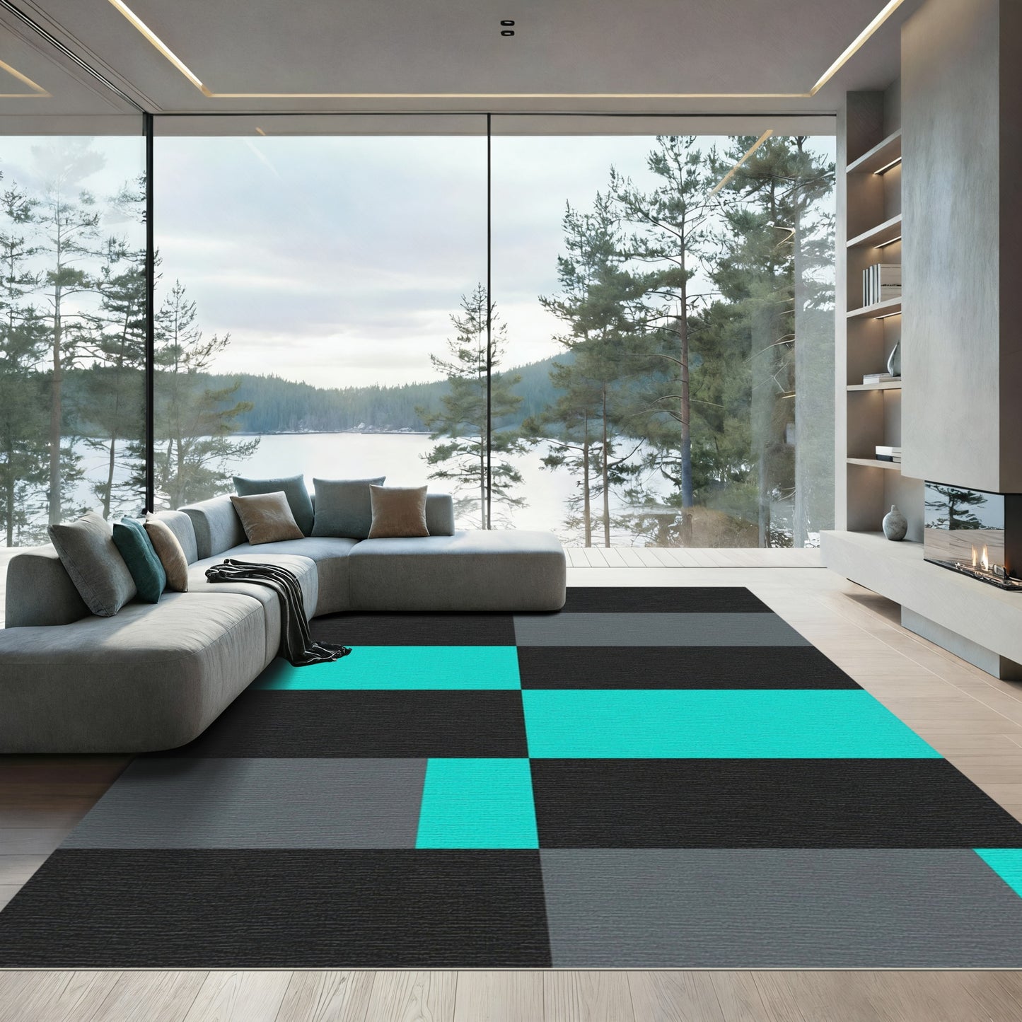 Bold Cyan and Charcoal Geometric Block Rug