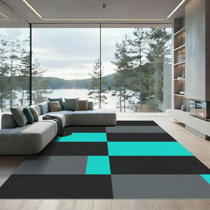 Bold Cyan and Charcoal Geometric Block Rug