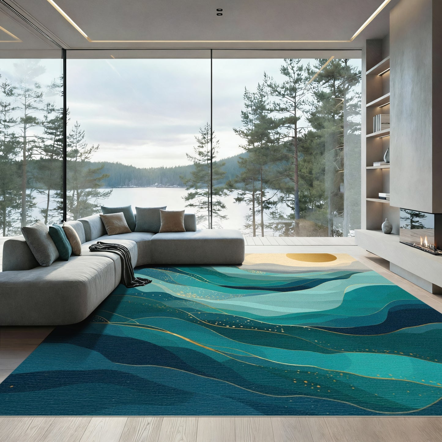 Emerald Teal Abstract Wavy Lines Rug