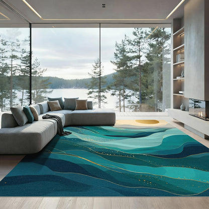 Emerald Teal Abstract Wavy Lines Rug
