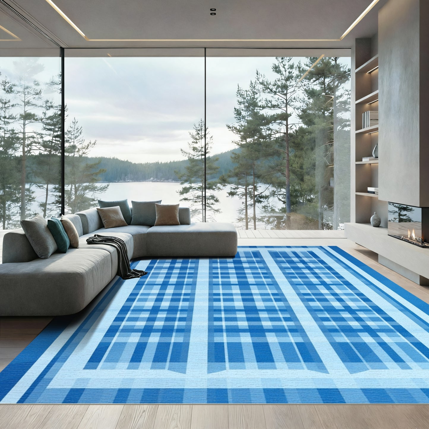 Blue Plaid Window Pane Rug