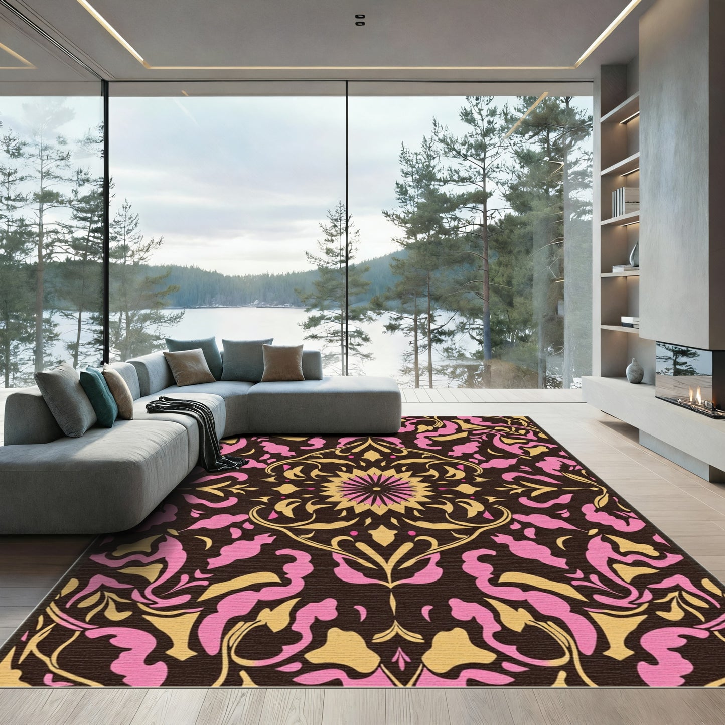 Pink Gold Floral Medallion Dark Rug