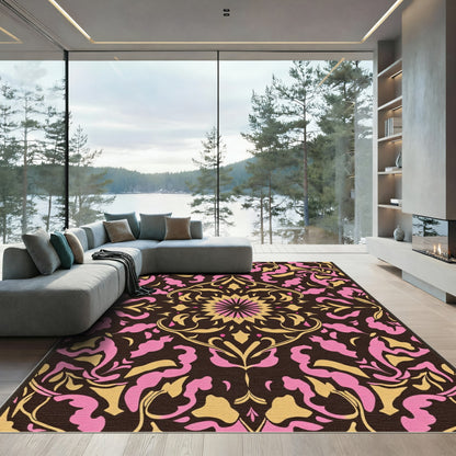 Pink Gold Floral Medallion Dark Rug