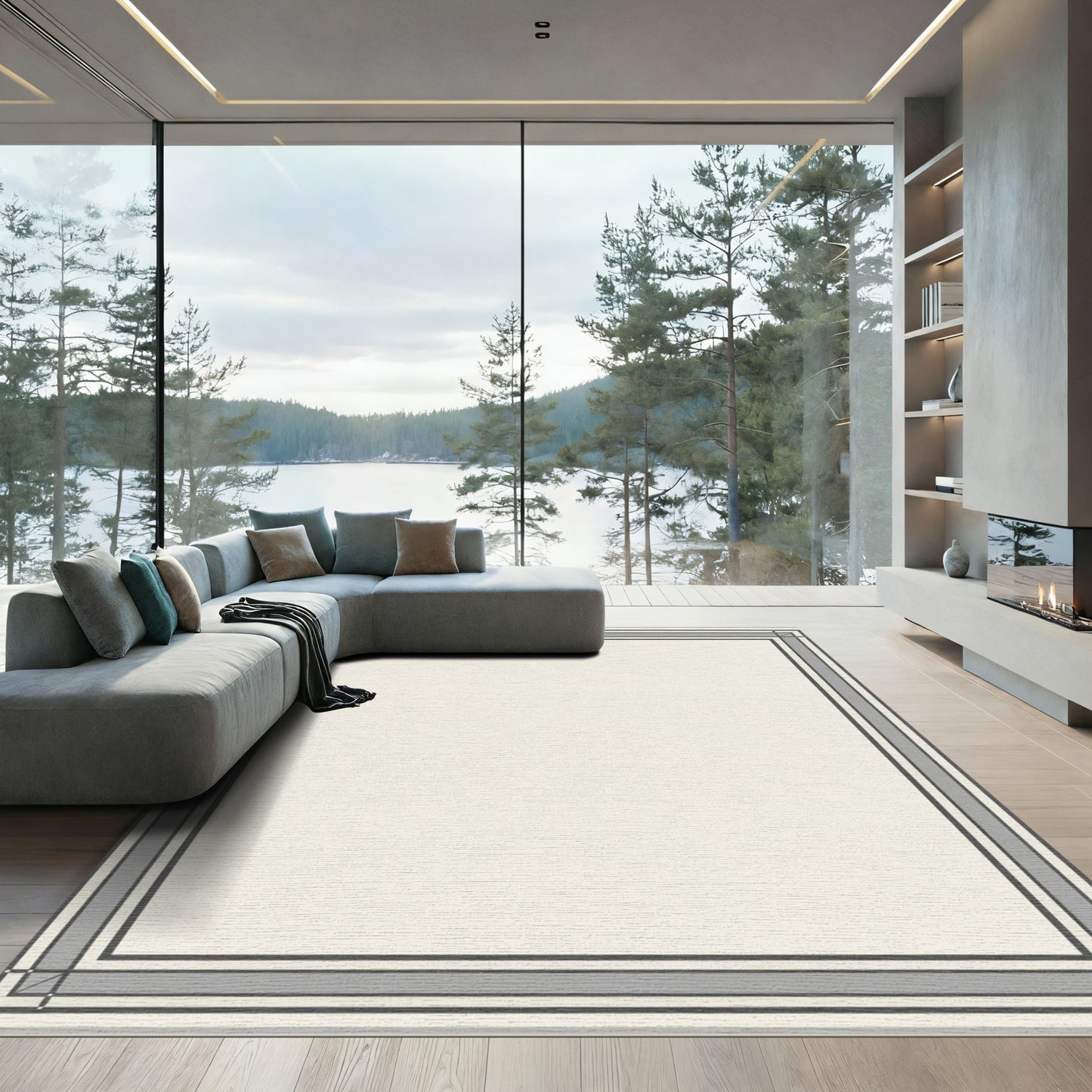 Minimalist Cream Gray Geometric Border Rug