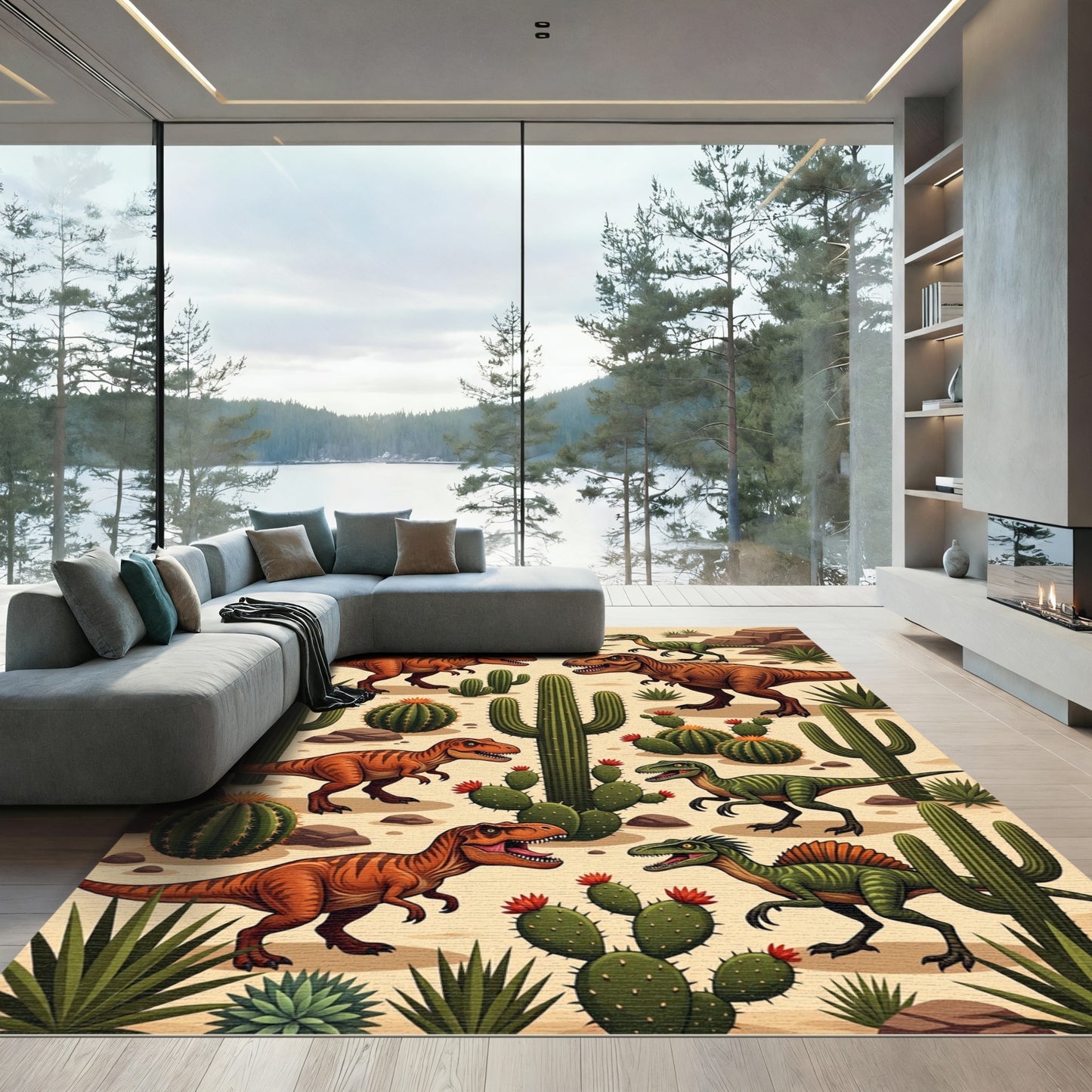 Playful Desert Dinosaur and Cactus Landscape Rug