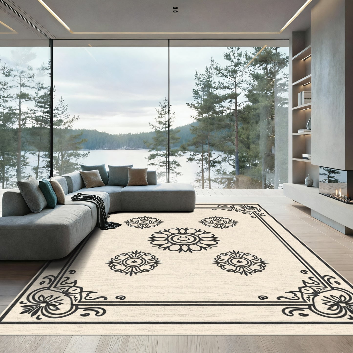Earthy Starburst Floral Medallion Border Rug