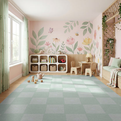 Pale Green Checkered Minimalist Rug