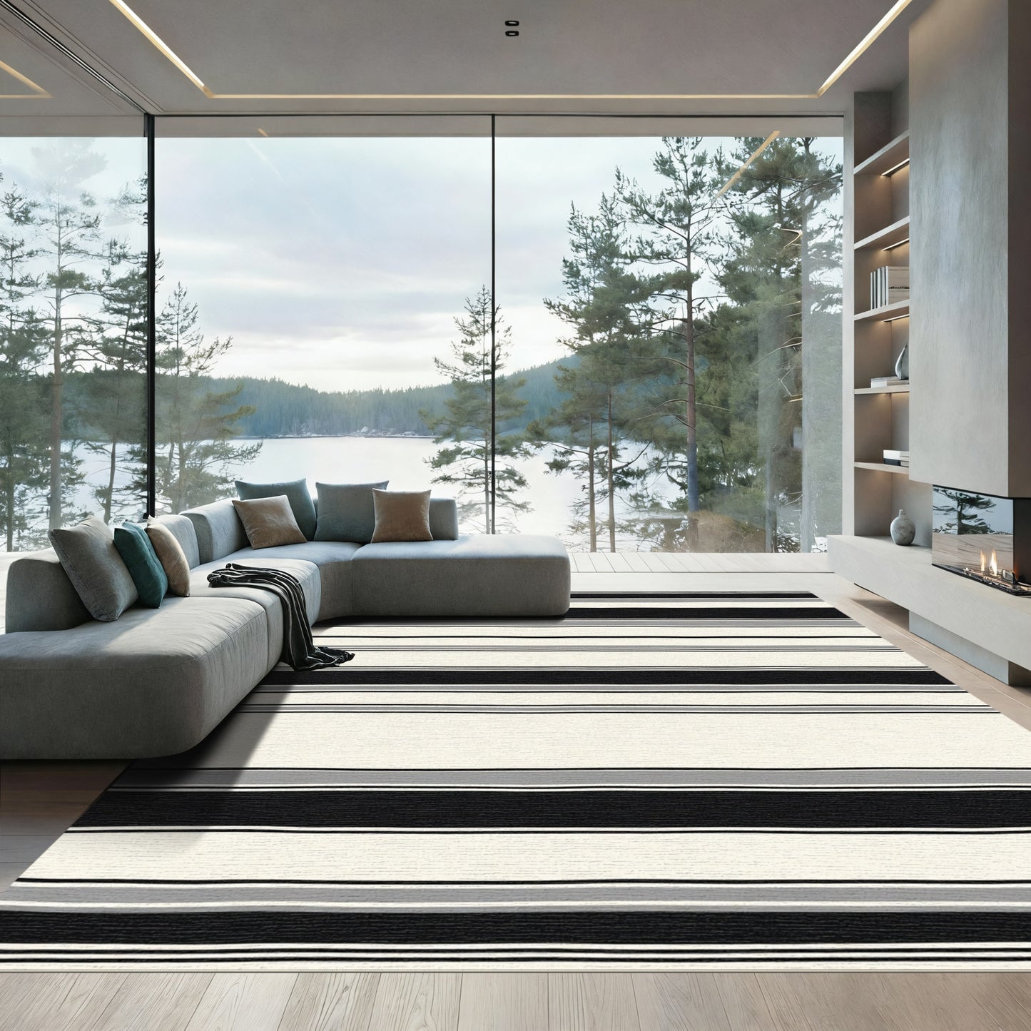 Modern Black Gray Stripe Rug