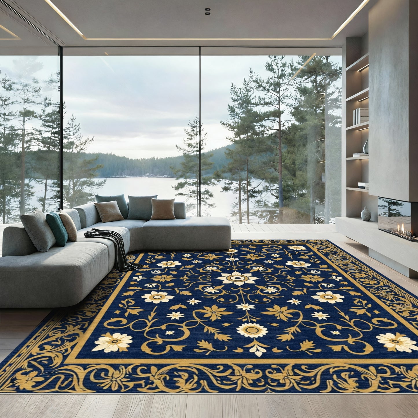 Gilded Navy Floral Medallion Rug